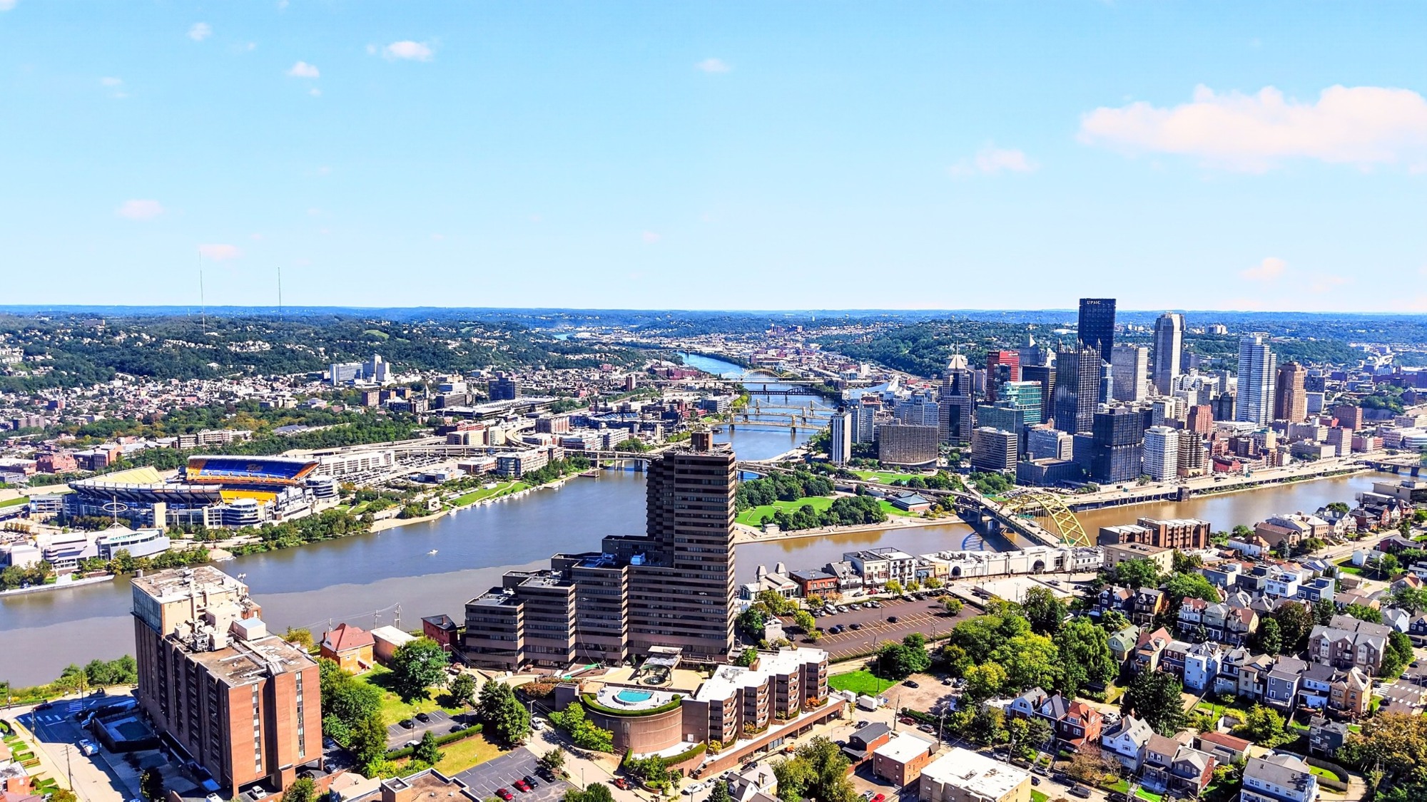 Downtown, the bridges and Acrisure Stadium