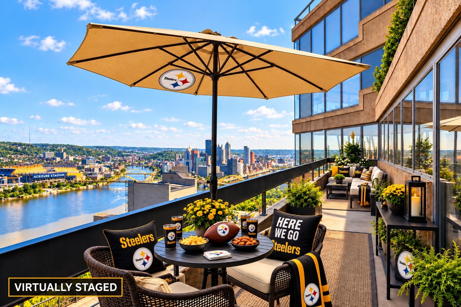 Imagine a terrace watch party · Virtually staged