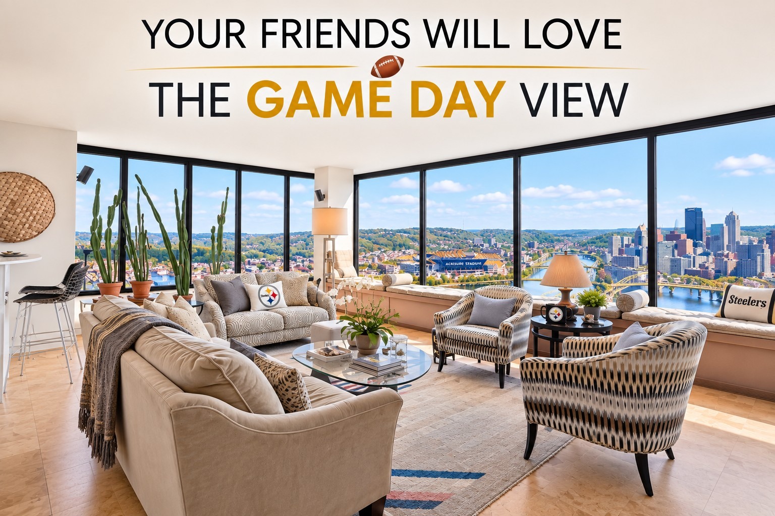 Room for friends and the game-day view · Virtually staged